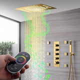Cascada Luxury 15” x 23” LED Music shower system with built-in Bluetooth Speakers, 4 function (Rainfall, Waterfall, Body jet & Handshower) & Remote Control 64 Color Lights cascada system LED bluetooth shower head speaker hot cold music rain rainfall musical lights showerhead body spray jets waterfall misty ceiling mounted handheld high pressure multicolor holder matte black chrome oil rubbed bronze mixer remote control