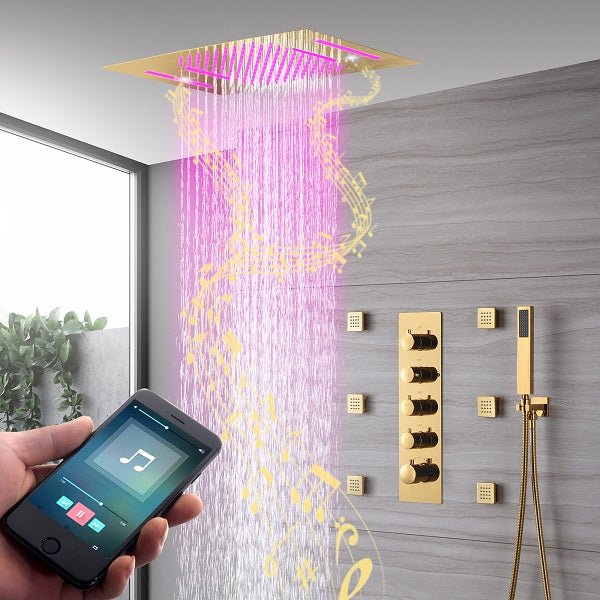 Cascada Luxury 15” x 23” LED Music shower system with built-in Bluetooth Speakers, 4 function (Rainfall, Waterfall, Body jet & Handshower) & Remote Control 64 Color Lights cascada system LED bluetooth shower head speaker hot cold music rain rainfall musical lights showerhead body spray jets waterfall misty ceiling mounted handheld high pressure multicolor holder matte black chrome oil rubbed bronze mixer remote control