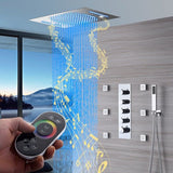 Cascada Luxury 15” x 23” LED Music shower system with built-in Bluetooth Speakers, 4 function (Rainfall, Waterfall, Body jet & Handshower) & Remote Control 64 Color Lights cascada system LED bluetooth shower head speaker hot cold music rain rainfall musical lights showerhead body spray jets waterfall misty ceiling mounted handheld high pressure multicolor holder matte black chrome oil rubbed bronze mixer remote control