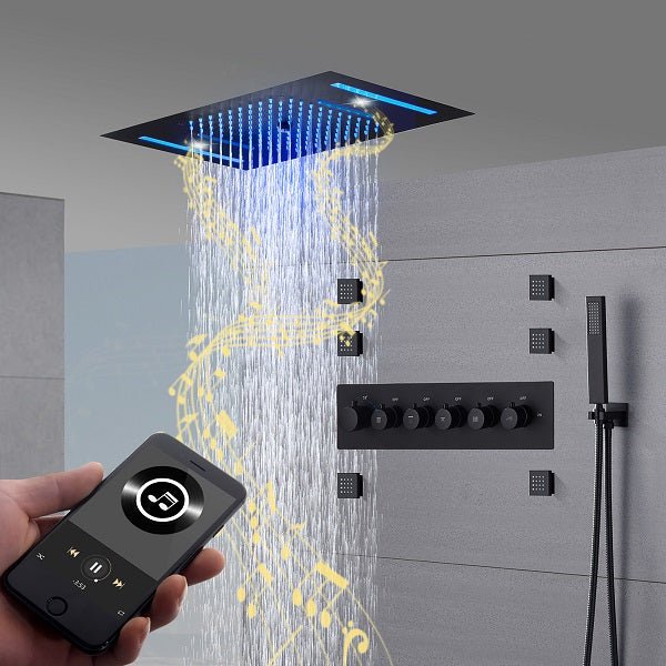 Cascada Luxury 23”x15” Music LED shower system with built-in Bluetooth Speakers,5 function (Rainfall,Waterfall,Misty,body jets & HandShower) & Remote Control 64 Color Lights cascada system LED bluetooth shower head speaker hot cold music rain rainfall musical light showerhead body spray jet waterfall misty ceiling mounted handheld high pressure thermostatic mixer holder black matte chrome oil rubbed bronze remote control