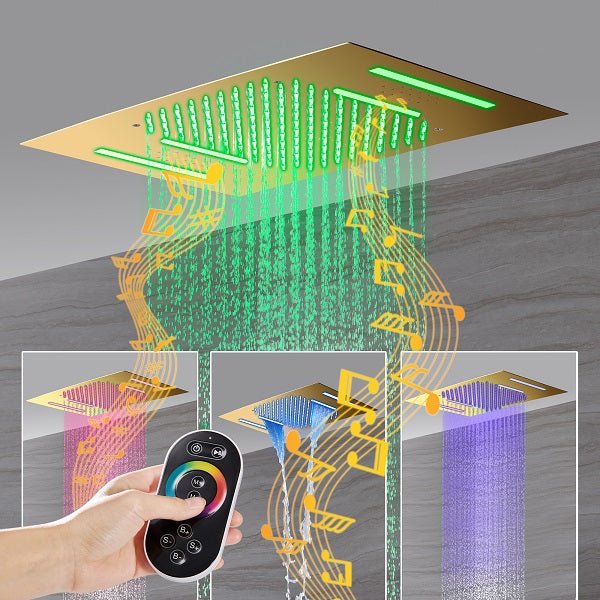 Cascada Luxury 23”x15” Music LED shower system with built-in Bluetooth Speakers,5 function (Rainfall,Waterfall,Misty,body jets & HandShower) & Remote Control 64 Color Lights cascada system LED bluetooth shower head speaker hot cold music rain rainfall musical light showerhead body spray jet waterfall misty ceiling mounted handheld high pressure thermostatic mixer holder black matte chrome oil rubbed bronze remote control