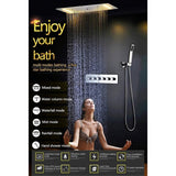 Cascada Luxurious Recessed 15" x 28" Large LED Shower System with 6 knob Thermostatic Valve, 5 Mode Functions (Rainfall, Waterfall, SPA Mist, Column & Handheld Shower) shower head with handheld rain LED 6 valve handle showerheads high pressure hand held system holder waterfall Rainfall SPA mist black matt fixture gold kit chrome oil rubbed bronze mixer modern ceiling mount 3 way thermostatic rectangle shower system