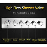 Cascada Luxurious Recessed 15" x 28" Large LED Shower System with 6 knob Thermostatic Valve, 5 Mode Functions (Rainfall, Waterfall, SPA Mist, Column & Handheld Shower) shower head with handheld rain LED 6 valve handle showerheads high pressure hand held system holder waterfall Rainfall SPA mist black matt fixture gold kit chrome oil rubbed bronze mixer modern ceiling mount 3 way thermostatic rectangle shower system