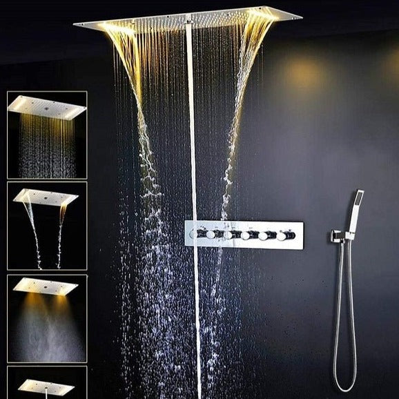 Cascada Luxurious Recessed 15" x 28" Large LED Shower System with 6 knob Thermostatic Valve, 5 Mode Functions (Rainfall, Waterfall, SPA Mist, Column & Handheld Shower) shower head with handheld rain LED 6 valve handle showerheads high pressure hand held system holder waterfall Rainfall SPA mist black matt fixture gold kit chrome oil rubbed bronze mixer modern ceiling mount 3 way thermostatic rectangle shower system