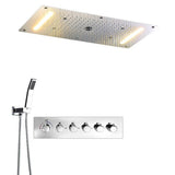 Cascada Luxurious Recessed 15" x 28" Large LED Shower System with 6 knob Thermostatic Valve, 5 Mode Functions (Rainfall, Waterfall, SPA Mist, Column & Handheld Shower) shower head with handheld rain LED 6 valve handle showerheads high pressure hand held system holder waterfall Rainfall SPA mist black matt fixture gold kit chrome oil rubbed bronze mixer modern ceiling mount 3 way thermostatic rectangle shower system