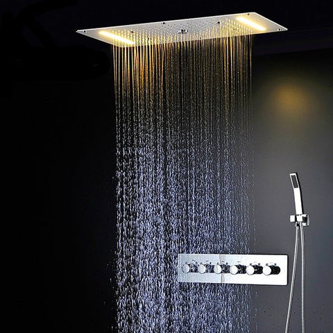 Cascada Luxurious Recessed 15" x 28" Large LED Shower System with 6 knob Thermostatic Valve, 5 Mode Functions (Rainfall, Waterfall, SPA Mist, Column & Handheld Shower) shower head with handheld rain LED 6 valve handle showerheads high pressure hand held system holder waterfall Rainfall SPA mist black matt fixture gold kit chrome oil rubbed bronze mixer modern ceiling mount 3 way thermostatic rectangle shower system