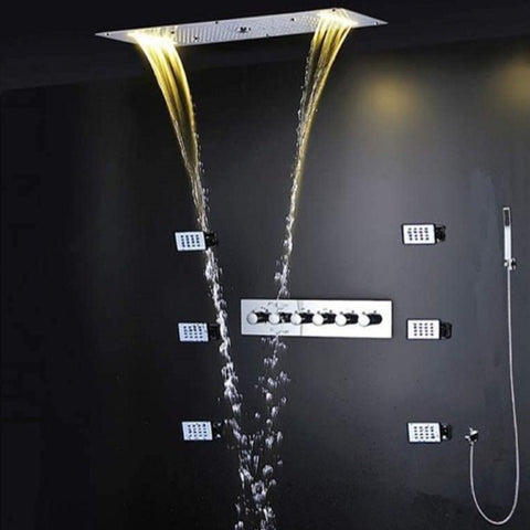 Cascada Luxurious Recessed 15" x 28" Large LED Shower System with 6 knob Thermostatic Valve, 5 Mode Functions (Rainfall, Waterfall, SPA Mist, Column & Handheld Shower) shower head with handheld rain LED 6 valve handle showerheads high pressure hand held system holder waterfall Rainfall SPA mist black matt fixture gold kit chrome oil rubbed bronze mixer modern ceiling mount 3 way thermostatic rectangle shower system