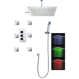 Cascada Thermostatic 14 x 20 Inch square LED Shower System with 4-Way Shower Mixer, Rainfall, 4 Massage Jets Spray Body Shower Set and Hand Shower shower head with handheld rain LED rainfall 4 knob handle shower heads high pressure black hand held system holder waterfall spray matte gold kit chrome oil rubbed bronze mixer ceiling mount 4 way thermostatic square showers 4 jets spray body massage