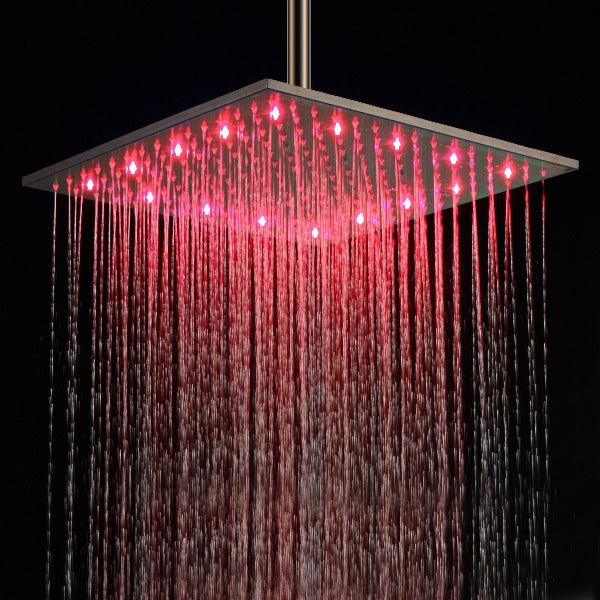 16" Ceiling Mount Square Rainfall LED Shower Head, Stainless Steel - Cascada Showers