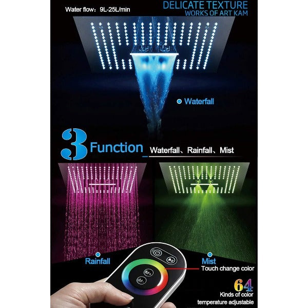 showerhead system rain head shower with handheld sets complete led faucet faucet waterfall head light rainfall spout hand holder hose remote controller lights held bathroom set control color change metal wall mount rainfall waterfall Hand Shower Mode Cascada Luxury 16" Square Ceiling Mounted Thermostatic Rainfall LED Shower With Body Jets Automated LED Light RGB Color - Stainless Steel shower head, thermostatic shower, rain shower, rain shower faucet, shower head sets for bathroom