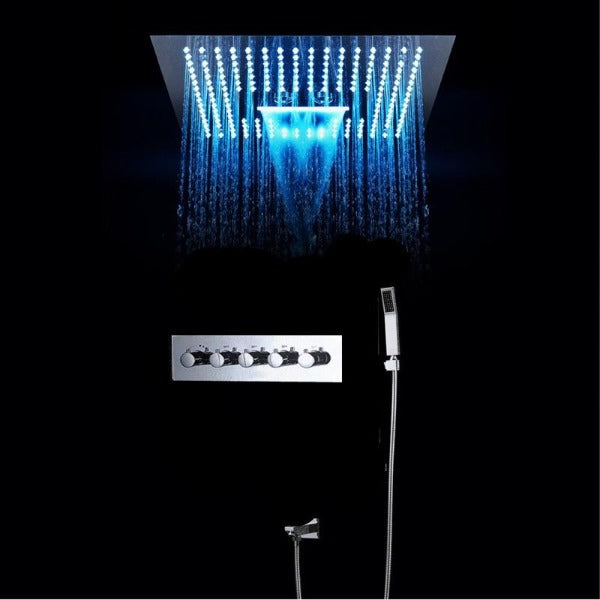 showerhead system rain head shower with handheld sets complete led faucet faucet waterfall head light rainfall spout hand holder hose remote controller lights held bathroom set control color change metal wall mount rainfall waterfall Hand Shower Mode Cascada Luxury 16" Square Ceiling Mounted Thermostatic Rainfall LED Shower With Body Jets Automated LED Light RGB Color - Stainless Steel shower head, thermostatic shower, rain shower, rain shower faucet, shower head sets for bathroom