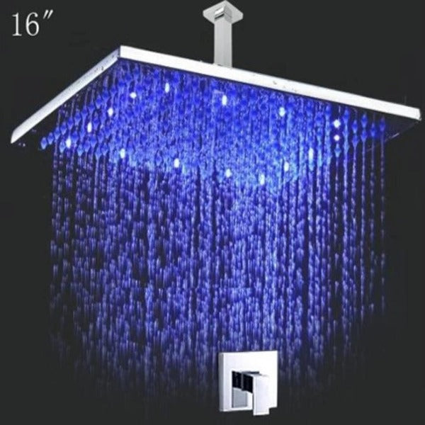 16” Rainfall LED Shower Head Set with Shower Arm and Diverter Valve - Cascada Showers