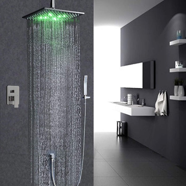 Cascada Luxury Bathroom Shower Set Rainfall LED Shower Head, Double-Function Valve, and Brass Handheld Shower showerhead system rain head shower handheld set complete led waterfall heads light rainfall square Double-Function Valve and Brass Handheld Shower Rain Shower System remote controller light bathroom set remote control color change Bathroom Shower Set