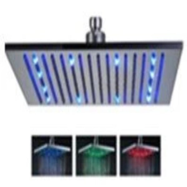 16'' Square LED Rainfall Shower Head – Stainless, with Arm