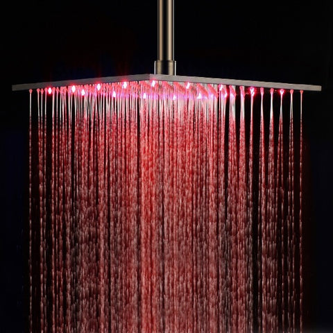 16" Stainless Steel Ceiling Mount Square Rainfall LED Shower Head - Cascada Showers