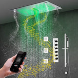 Cascada 16”x28” Music LED shower system with built-in Bluetooth Speakers, 5 functions (Rain, Waterfall, Mist Outlet, Body Jet & HandShower) & Remote Control 64 Color Lights (Polished Gold) cascada system LED bluetooth shower head speaker hot cold music rain rainfall musical lights showerhead body spray jet waterfall misty ceiling mounted handheld high pressure multicolor holder thermostatic chrome oil rubbed bronze mixer remote control