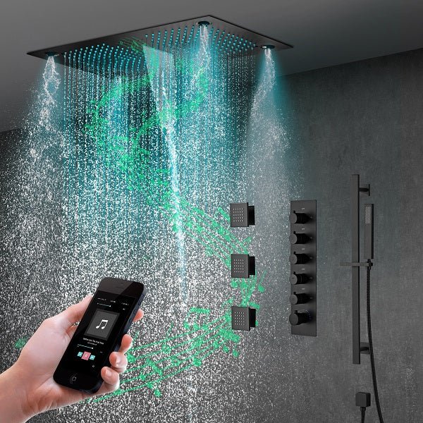 16”x28” Music LED shower system with built-in Bluetooth Speakers - Cascada Showers cascada system LED bluetooth shower head speaker hot cold music rain rainfall musical lights showerhead body spray jet waterfall misty ceiling mounted handheld high pressure multicolor holder thermostatic chrome oil rubbed bronze mixer remote control
