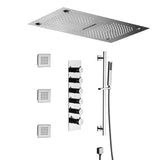 Cascada 16”x28” Music LED shower system with built-in Bluetooth Speakers, 5 functions (Rain, Waterfall, Mist Outlet, Body Jet & HandShower) & Remote Control 64 Color Lights (Polished Gold) cascada system LED bluetooth shower head speaker hot cold music rain rainfall musical lights showerhead body spray jet waterfall misty ceiling mounted handheld high pressure multicolor holder thermostatic chrome oil rubbed bronze mixer remote control