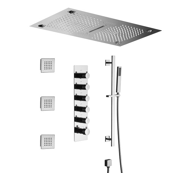 Cascada 16”x28” Music LED shower system with built-in Bluetooth Speakers, 5 functions (Rain, Waterfall, Mist Outlet, Body Jet & HandShower) & Remote Control 64 Color Lights (Polished Gold) cascada system LED bluetooth shower head speaker hot cold music rain rainfall musical lights showerhead body spray jet waterfall misty ceiling mounted handheld high pressure multicolor holder thermostatic chrome oil rubbed bronze mixer remote control