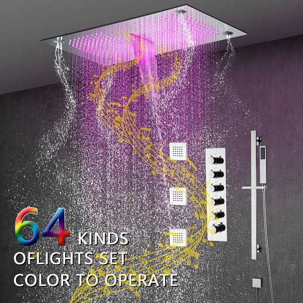 Cascada 16”x28” Music LED shower system with built-in Bluetooth Speakers, 5 functions (Rain, Waterfall, Mist Outlet, Body Jet & HandShower) & Remote Control 64 Color Lights (Polished Gold) cascada system LED bluetooth shower head speaker hot cold music rain rainfall musical lights showerhead body spray jet waterfall misty ceiling mounted handheld high pressure multicolor holder thermostatic chrome oil rubbed bronze mixer remote control