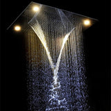Cascada Classic Design 23”x31” large recessed Waterfall rain shower head w/4 modes with remote control for multi-color LED light, Stainless Steel shower head with handheld rain Curtain LED light multicolor built in Bluetooth speaker shower heads hand held system holder rainfall waterfall mix matte black gold kit chrome oil rubbed bronze large recessed remote control app shower system rectangle