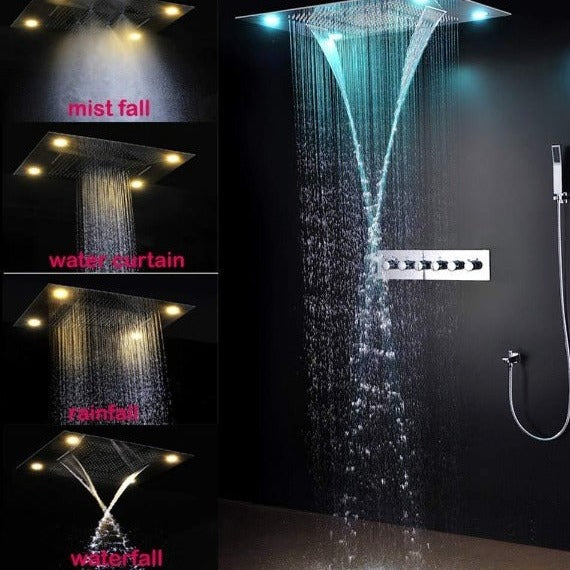 waterfall shower head; Cascada Classic Design 23"x31" Large shower Set with Waterfall LED rectangle recessed 4 function shower head, massaging body jets & handheld, remote control, showerhead system rain head shower handheld set complete led bathroom waterfall heads light rainfall Thermostatic 6 knob Shower Set for lights bathroom set Antique Brushed Brass Finish color change ceiling mount Rainfall waterfall  Rain Curtain SPA Misting complete shower set bathroom rainfall shower head with handheld