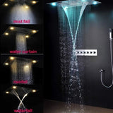 Cascada Classic Design 23"x31" Large shower Set with Waterfall LED rectangle recessed 4 function shower head, massaging body jets & handheld, remote control, Stainless Steel showerhead system rain head shower handheld set complete led bathroom waterfall heads light rainfall Thermostatic 6 knob Shower Set for lights bathroom set Antique Brushed Brass Finish color change ceiling mount Rainfall waterfall  Rain Curtain SPA Misting complete shower set bathroom rainfall shower head with handheld