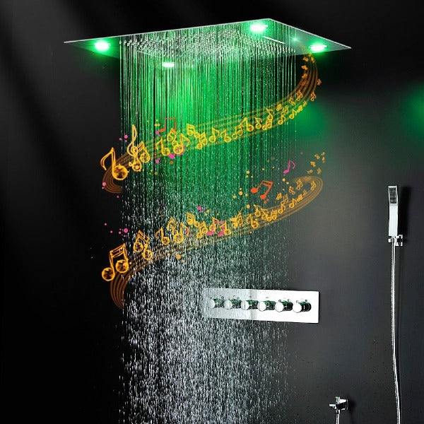 shower head with handheld rain Curtain LED multicolor built in Bluetooth speaker shower heads hand held system holder rainfall waterfall SPA mist matte black gold kit chrome oil rubbed bronze 6 knob valve mixer ceiling mount remote control app system