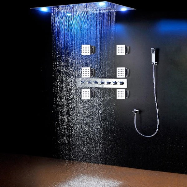 Cascada Classic Design 23"x31" Large shower Set with Waterfall LED rectangle recessed 4 function shower head, massaging body jets & handheld, remote control, Stainless Steel showerhead system rain head shower handheld set complete led bathroom waterfall heads light rainfall Thermostatic 6 knob Shower Set for lights bathroom set Antique Brushed Brass Finish color change ceiling mount Rainfall waterfall  Rain Curtain SPA Misting complete shower set bathroom rainfall shower head with handheld