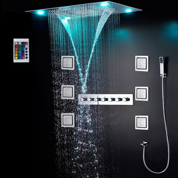 23"x31" Luxurious Classic Design recessed waterfall & rainfall LED shower system – 7 mode - Cascada Showers