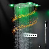 Cascada Luxurious Design 23”x31” Recessed LED shower system with built-in Bluetooth Speakers, 4 functions (Waterfall +Rainfall +Rain Curtain +SPA Mist) & Remote Control LED Lights shower head with handheld rain Curtain LED multicolor built in Bluetooth speaker shower heads hand held system holder rainfall waterfall SPA mist matte black gold kit chrome oil rubbed bronze 6 knob valve mixer ceiling mount remote control app system