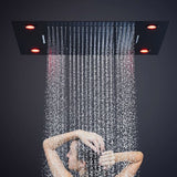 Cascada Classic 23”x31” large recessed Waterfall rain shower head w/4 modes (Rain+ Curtain + Waterfall + Mix), Built-in Bluetooth Speaker, & remote control for LED light shower head with 4 modes function rain Curtain LED light multicolor large recessed musical shower heads handheld system holder rainfall waterfall mix matte black gold chrome oil rubbed bronze remote control bluetooth music showers speakers rectangle