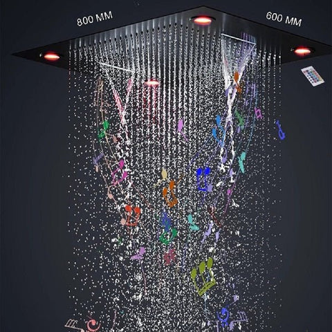 Cascada Classic 23”x31” large recessed Waterfall rain shower head w/4 modes (Rain+ Curtain + Waterfall + Mix), Built-in Bluetooth Speaker, & remote control for LED light shower head with 4 modes function rain Curtain LED light multicolor large recessed musical shower heads handheld system holder rainfall waterfall mix matte black gold chrome oil rubbed bronze remote control bluetooth music showers speakers rectangle