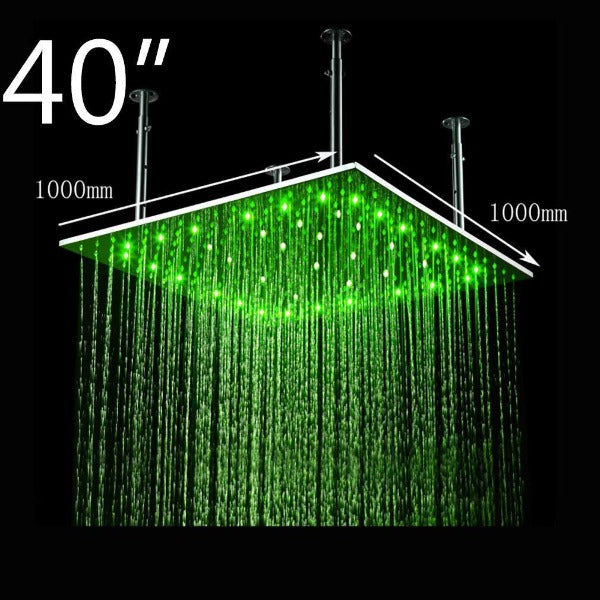 40” Square Ceiling Mount Rainfall LED Shower Head with Arm