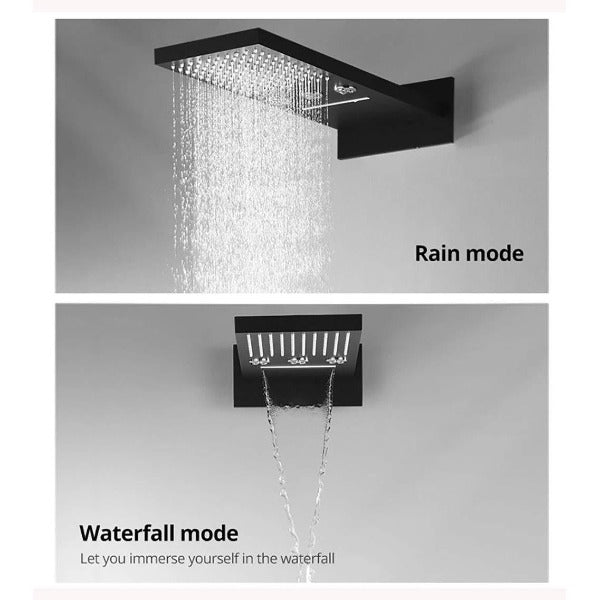 Moda 10 Wall-Mounted Square Rain Shower System with Waterfall Tub Spout in Matte Black