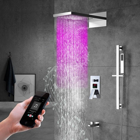 Cascada Luxury 22” Music LED shower system (Wall Mounted) with Single Valve & LCD Display, 3 function (Rain, Waterfall & Hand Shower) & Remote Control 64 Color Lights (Matt Black) cascada system LED bluetooth shower head with handheld speaker hot cold music rain rainfall musical light showerhead body spray jet waterfall lifting rod wall mounted high pressure thermostatic mixer black matte chrome oilrubbed bronze remote control