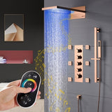 Cascada 22” Music LED shower system (Wall Mounted) with built-in Bluetooth Speakers, 4 function (Rain, Waterfall, body jets & Hand Shower) & Remote Control 64 Color Lights cascada system LED bluetooth shower head with handheld speaker hot cold music rain rainfall musical light showerhead body spray jet waterfall lifting rod wall mounted high pressure thermostatic mixer black matte chrome oilrubbed bronze remote control