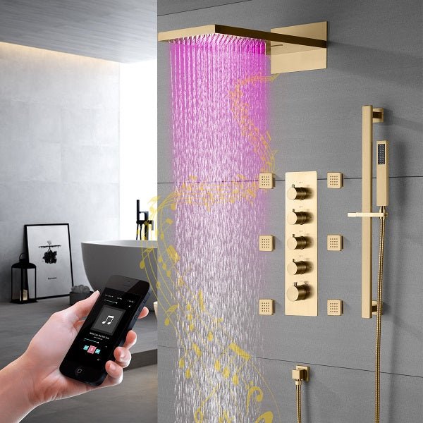 Cascada 22” Music LED shower system (Wall Mounted) with built-in Bluetooth Speakers, 4 function (Rain, Waterfall, body jets & Hand Shower) & Remote Control 64 Color Lights cascada system LED bluetooth shower head with handheld speaker hot cold music rain rainfall musical light showerhead body spray jet waterfall lifting rod wall mounted high pressure thermostatic mixer black matte chrome oilrubbed bronze remote control