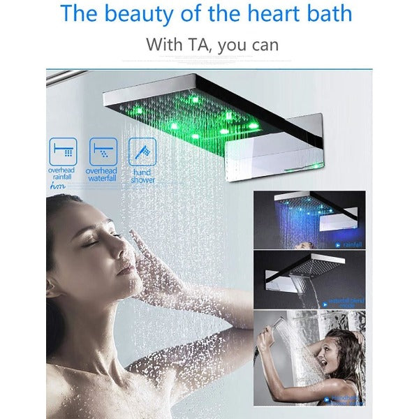 Cascada Luxury 9"x22" Rectangle Wall Mounted Thermostatic Shower System With Automated LED Color Change by Water Flow  shower head, thermostatic shower, rain shower, rain shower faucet, shower head sets for bathroom