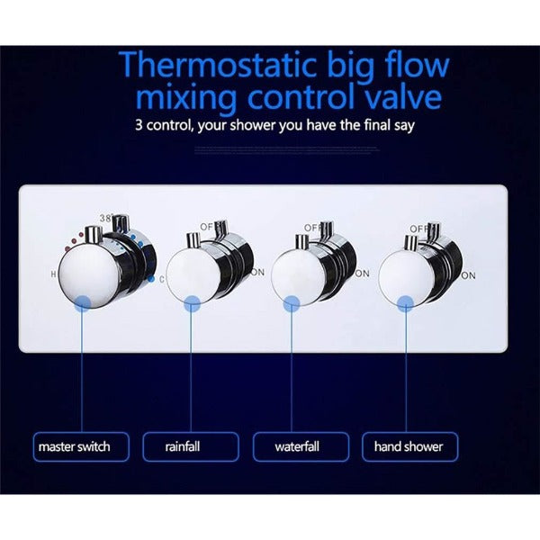Cascada Luxury 9"x22" Rectangle Wall Mounted Thermostatic Shower System With Automated LED Color Change by Water Flow shower head, thermostatic shower, rain shower, rain shower faucet, shower head sets for bathroom
