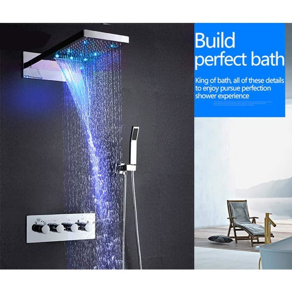 Cascada Luxury 9"x22" Rectangle Wall Mounted Thermostatic Shower System With Automated LED Color Change by Water Flow shower head, thermostatic shower, rain shower, rain shower faucet, shower head sets for bathroom