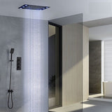 Cascada 14"x20" LED Shower System with 2-Way Thermostatic Valve - Cascada Showers shower head with handheld rain LED rainfall 3 knob handle shower heads high pressure black hand held system holder spout spray matte fixtures gold kit chrome oil rubbed bronze mixer remote modern ceiling mount 2 way thermostatic square showers system Cascada Thermostatic 14 x 20 Inch LED Shower System with 2-Way thermostatic mixer, Top Spray Shower and Push Button Hand Shower
