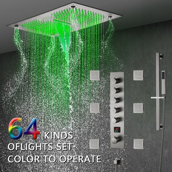 Sorrento 16x28 Brushed Nickel LED Music Rainfall Shower – Cascada