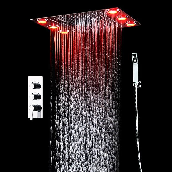 Cascada Luxury 14 x 20 Inch Square LED Shower System with 2-Way thermostatic mixer, 2-Mode Functions (Rainfall & Hand Shower) & Remote-Control LED Lights shower head with handheld led shower system with triple thermostatic valve shower head Rainfall Shower Head led shower head cascada shower