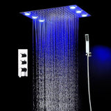 Cascada Luxury 14 x 20 Inch Square LED Shower System with 2-Way thermostatic mixer, 2-Mode Functions (Rainfall & Hand Shower) & Remote-Control LED Lights shower head with handheld led shower system with triple thermostatic valve shower head Rainfall Shower Head led shower head cascada shower