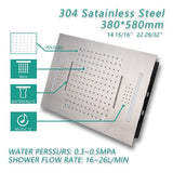 Cascada Luxury 15” x 23” LED Music shower system with built-in Bluetooth Speakers, 4 function (Rainfall, Waterfall, Body jet & Handshower) & Remote Control 64 Color Lights cascada system LED bluetooth shower head speaker hot cold music rain rainfall musical lights showerhead body spray jets waterfall misty ceiling mounted handheld high pressure multicolor holder matte black chrome oil rubbed bronze mixer remote control