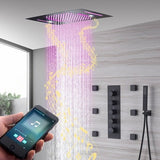 Cascada Luxury 15” x 23” LED Music shower system with built-in Bluetooth Speakers, 4 function (Rainfall, Waterfall, Body jet & Handshower) & Remote Control 64 Color Lights cascada system LED bluetooth shower head speaker hot cold music rain rainfall musical lights showerhead body spray jets waterfall misty ceiling mounted handheld high pressure multicolor holder matte black chrome oil rubbed bronze mixer remote control led black shower system