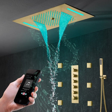 Cascada Luxury 15"x23” Music LED shower system with built-in Bluetooth Speakers,5 function (Rainfall,Waterfall,Misty,body jets & HandShower) & Remote Control 64 Color Lights cascada system LED bluetooth shower head speaker hot cold music rain rainfall musical light showerhead body spray jet waterfall misty ceiling mounted handheld high pressure thermostatic mixer holder black matte chrome oil rubbed bronze remote control