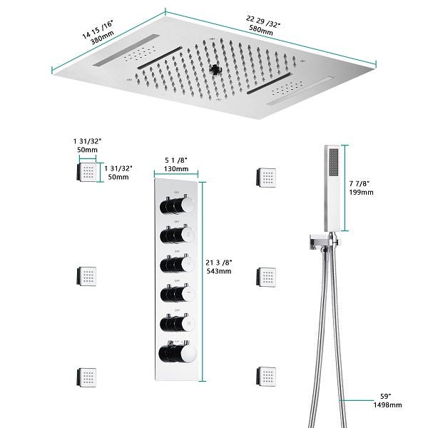 Cascada Luxury 15"x23” Music LED shower system with built-in Bluetooth Speakers,5 function (Rainfall,Waterfall,Misty,body jets & HandShower) & Remote Control 64 Color Lights cascada system LED bluetooth shower head speaker hot cold music rain rainfall musical light showerhead body spray jet waterfall misty ceiling mounted handheld high pressure thermostatic mixer holder black matte chrome oil rubbed bronze remote control