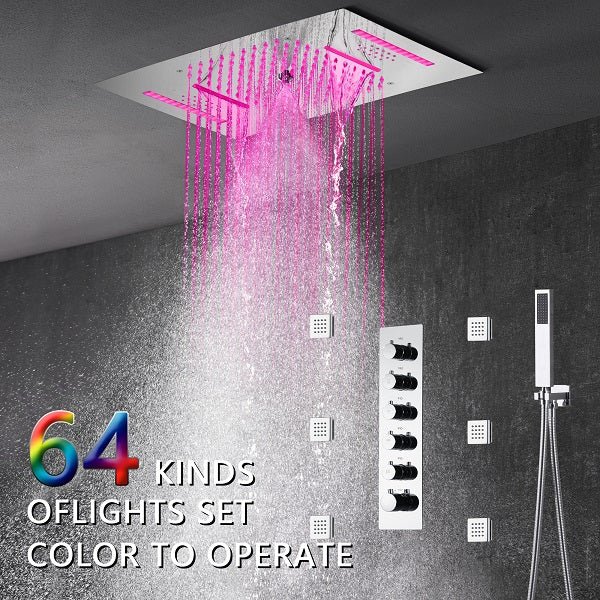 Cascada Luxury 15"x23” Music LED shower system with built-in Bluetooth Speakers,5 function (Rainfall,Waterfall,Misty,body jets & HandShower) & Remote Control 64 Color Lights cascada system LED bluetooth shower head speaker hot cold music rain rainfall musical light showerhead body spray jet waterfall misty ceiling mounted handheld high pressure thermostatic mixer holder black matte chrome oil rubbed bronze remote control